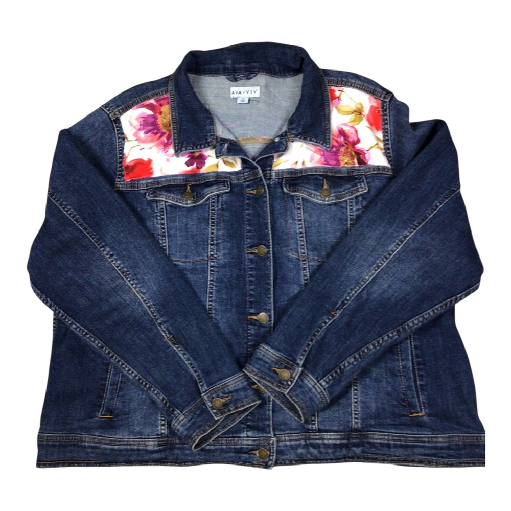 Upcycled Ava & Viv Floral-Accent Dark Blue Denim Jacket One of a Kind 3X